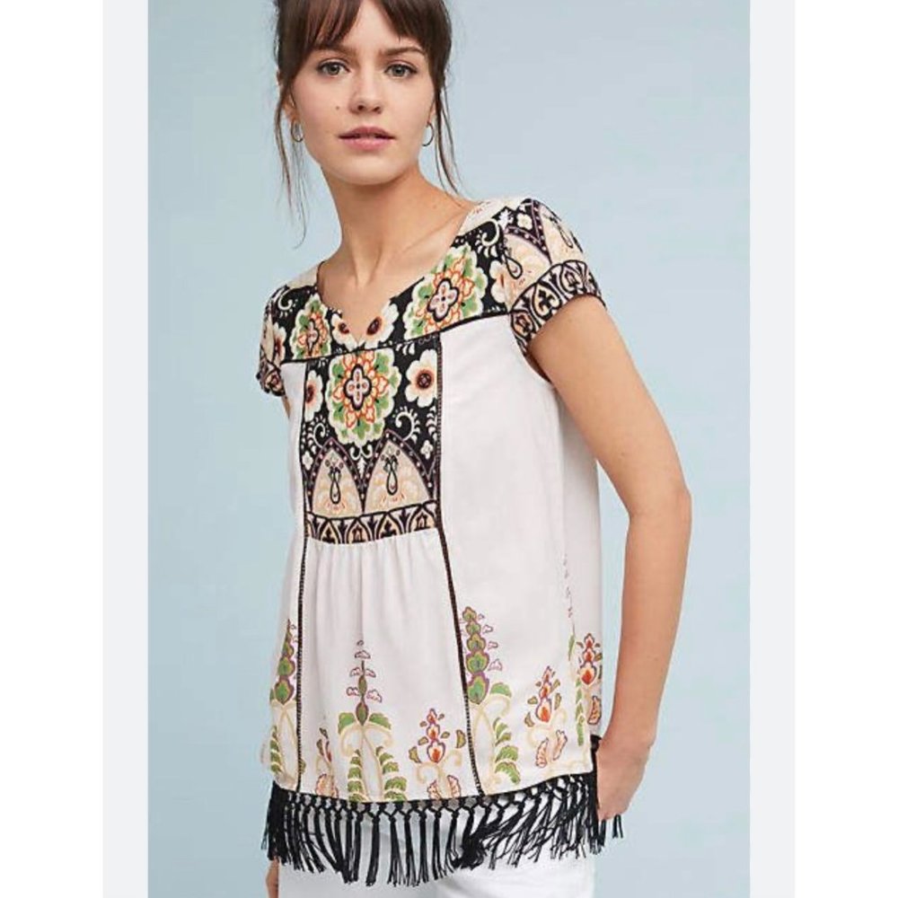 Anthropologie Floral Embroidered Tunic with Fringe
